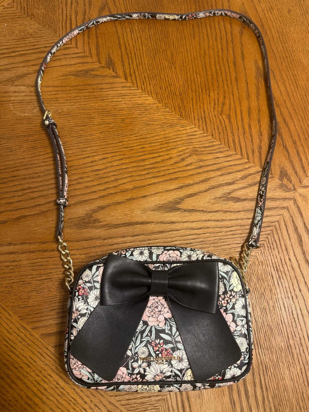 Karl Lagerfeld Paris Floral Bow Crossbody Bag Black Pink Gold Chain